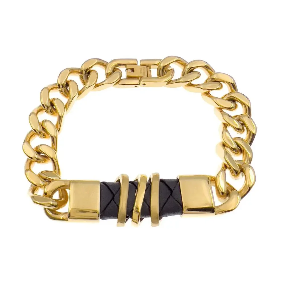 Stainless Steel Bracelet Gold Tone Cuban Link Black Leather Mens 8